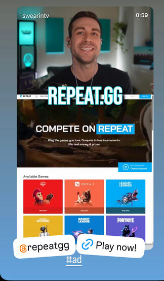 Fortnite pro and Twitch Partner SwearinTV encourages his Instagram followers to join Repeat.GG and participate in their tournaments for a chance to win cash prizes. (Livewire campaign)