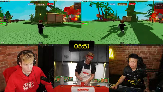 Vindooly, Overstrand, and Chanzes of Australia's Team PWR try to beat the 6 minute timer to complete gaming challenges in the time it takes to make a Cup-A-Pasta.