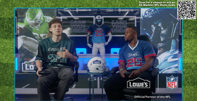 Jesser (YouTube, 33 Million Subscribers) teams up with Philadelphia Eagles legend Saquon Barkley for a special Madden gaming livestream in the Lowe's "Earn Your Sunday" gaming trailer. This brought together one of the top sports game YouTubers and NFL pros